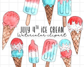 Clipart de acuarela del 4 de julio, clipart de helado, clipart de verano, descarga digital de helado PNG, descarga digital