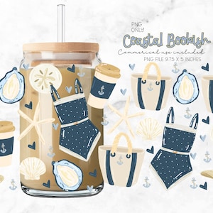May include: A glass tumbler with a bamboo lid and straw, decorated with coastal-themed illustrations. The design includes a blue swimsuit, coffee cup, oyster, starfish, and tote bag. The text "Coastal Bookish" is also present.