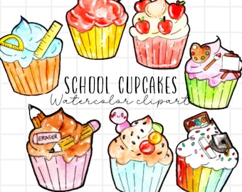 Watercolor back to school cupcake clipart, first day of school, dessert, baking, digital download commercial use
