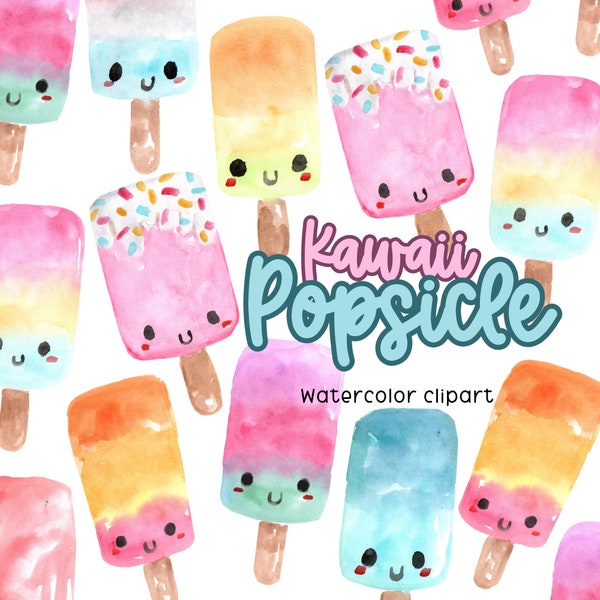 Watercolor kawaii popsicle clipart, cute summer ice cream treat doodle png commercial use