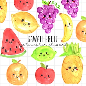 Kawaii fruit clipart - Watercolor, cute apples, banana, grape, watermelon,lemon, orange, kid, children illustration commercial use