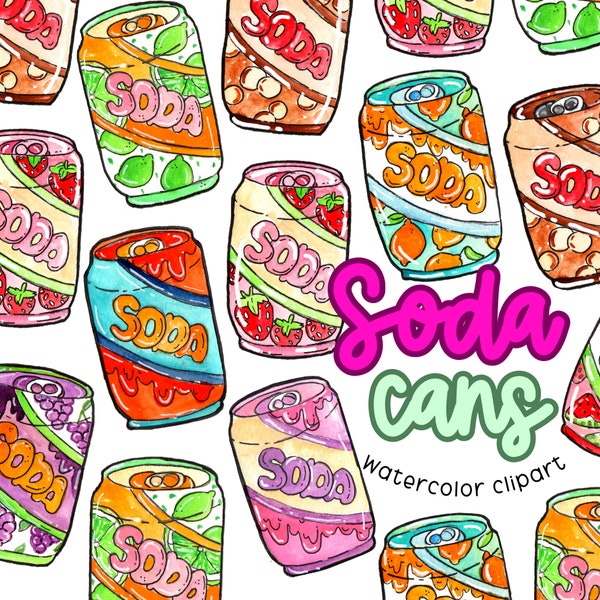 Watercolor soda clipart, soda pop,drinks,fast food, soda cans,soft drink, fruit drink, commercial use, sublimation png