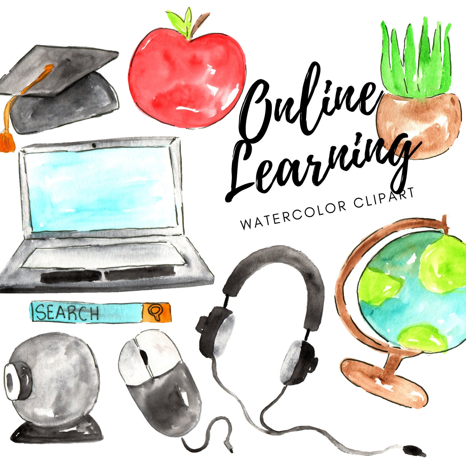 Watercolor online learning clipart school remote learning ...