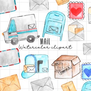 aquarel mail man illustraties - postkantoor graphics - mail - brief - postwagen - envelop - postzegel - digitale download