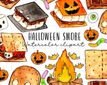 Watercolor halloween clipart, smores, camping, spooky food, marshmellow, chocolate, camp illustration commercial use digital download