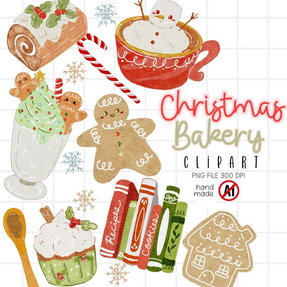 Christmas Bakery PNG, Cozy Christmas Clipart, Gingerbread, Christmas Cake, Hot Cocoa, Holiday Cafe, Christmas Baking Clipart
