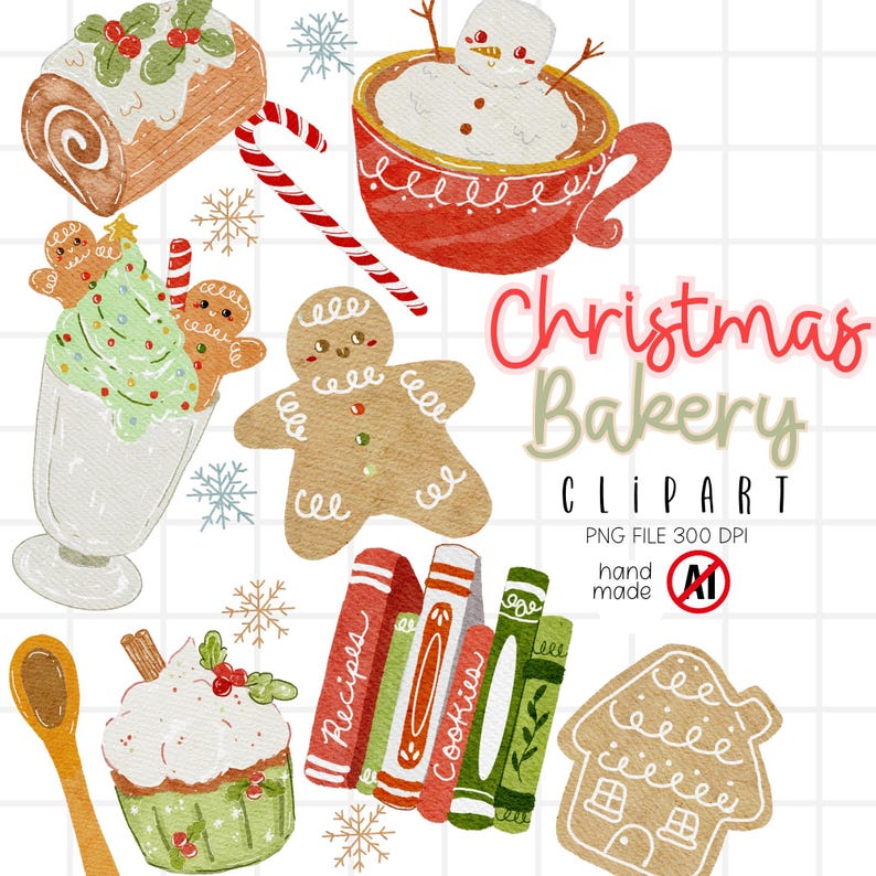 May include: A watercolour illustration featuring Christmas bakery items. Includes a gingerbread man, a snowman in a red mug, a candy cane, a cake roll, and a cupcake. The text "Christmas Bakery" is also included.