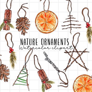 Clipart de aquarela, enfeites de natal, natureza, natal de madeira, casa de fazenda, sem desperdício, natal ecológico, pinha, azevinho, laranja seca