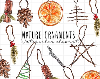 Watercolor clipart, christmas ornaments, nature, wooden christmas,farmhouse, no waste, eco christmas, pine cone, holly, dried orange