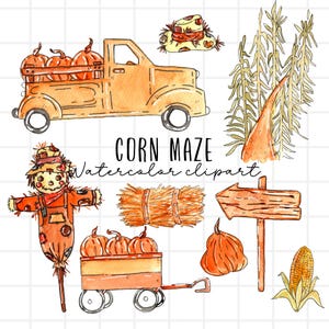 clipart de aquarela - clipart de labirinto de milho, coroa assustadora, canteiro de abóboras, abóboras, campo de milho, milho, outono, gráficos PNG de outono para uso comercial