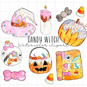 Halloween watercolor clipart, candy witch, cauldron, candy corn, spooky treats pink pumpkin, pink witchy illustrations commercial use