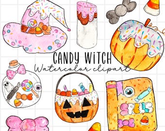 Halloween watercolor clipart, candy witch, cauldron, candy corn, spooky treats pink pumpkin, pink witchy illustrations commercial use