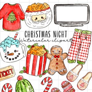 Watercolot clipart, Christmas clipart, movie night, winter clipart, popcorn graphics, Christmas png commercial use