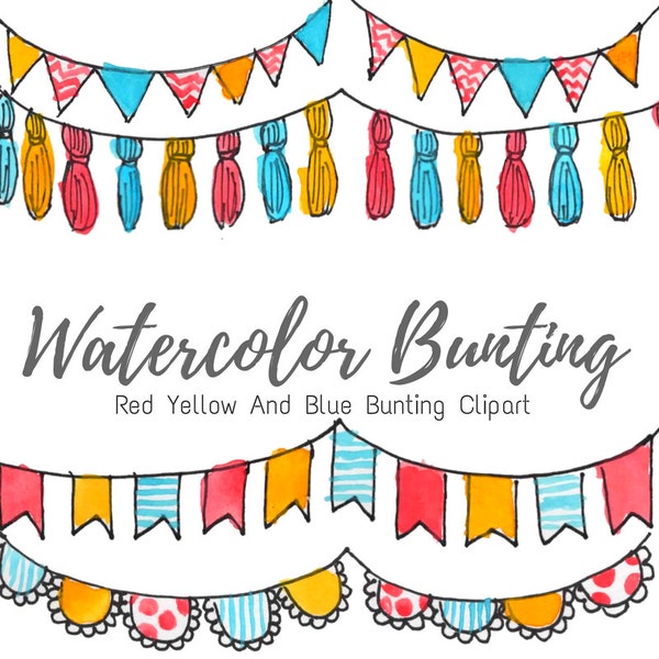 Bunting Clipart - Watercolor clipart - Flag clipart - Invitation clipart - Scrapbooking supplies - Red Bunting - Yellow Bunting