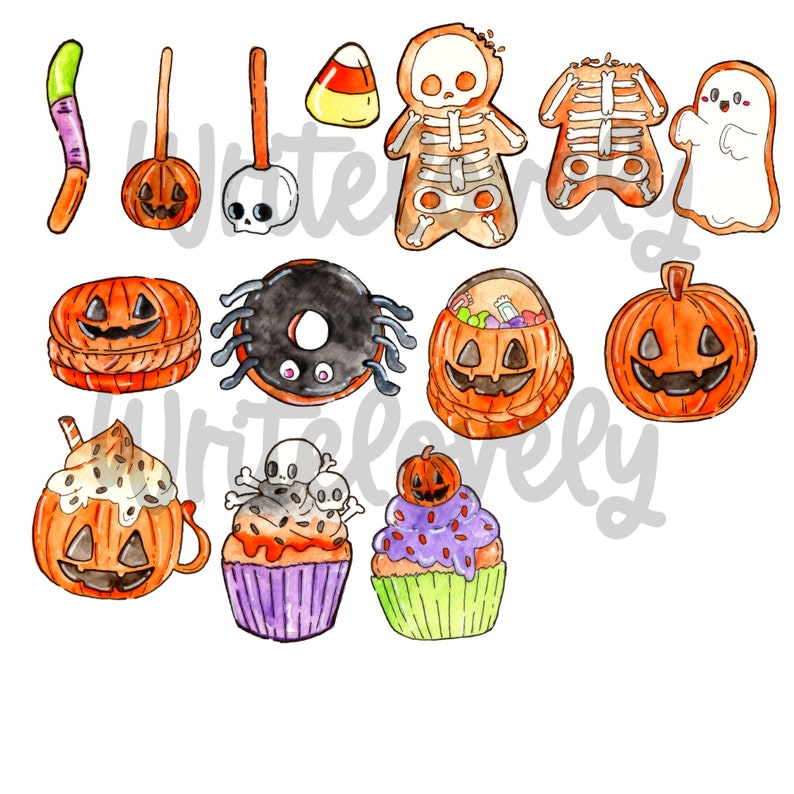 May include: A set of 12 watercolor illustrations featuring Halloween-themed treats, including pumpkins, candy corn, a spider donut, a ghost, a skeleton, and cupcakes.