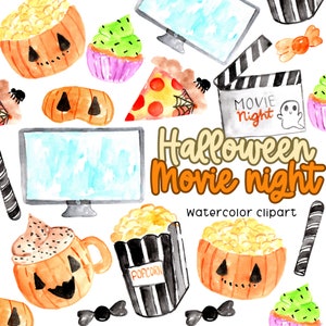 Watercolor halloween movie night clipart, creepy cozy Halloween graphics, popcorn, candy, commercial use digital download