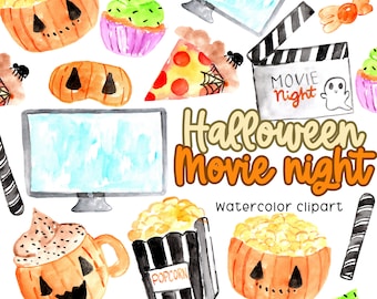 Watercolor halloween movie night clipart, creepy cozy Halloween graphics, popcorn, candy, commercial use digital download