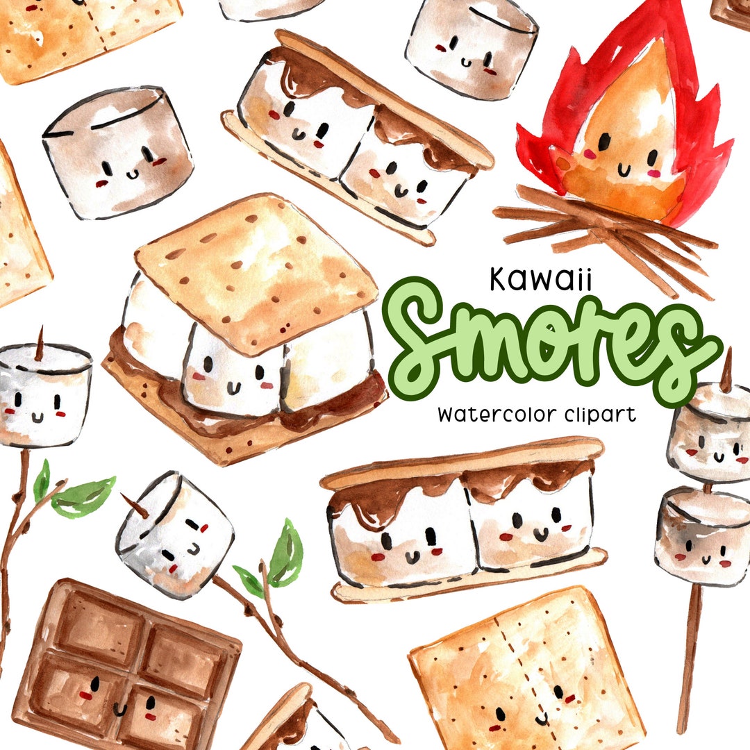 Watercolor Smores Clipart, Kawaii, Camping, Kawaii Smores, Marshmallows