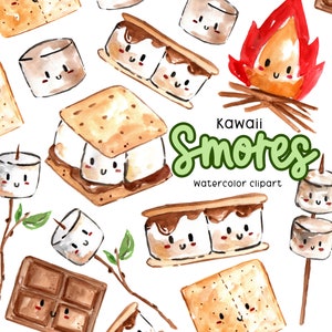 Watercolor smores clipart, kawaii, camping, kawaii smores, marshmallows, fire, chocolate commercial use digital download