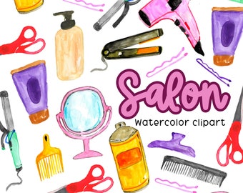 Watercolor hair salon clipart, hair dresser, hair cut barber shop beauty commercial use graphics