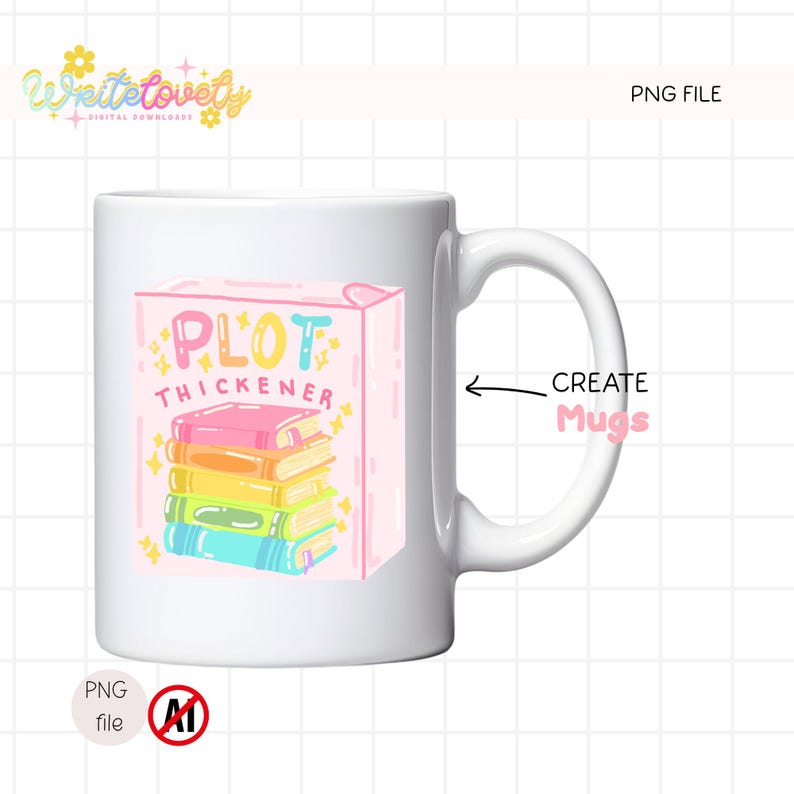 Op de afbeelding: Witte keramische mok met een grillig ontwerp met een stapel kleurrijke boeken met het label "PLOT THICKENER". Het ontwerp bevat de tekst "Write Lovely" en "CREATE Mugs."