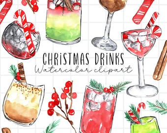 watercolor christmas clipart - cocktail drinks - beverage clipart - commercial use