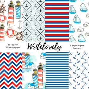 Seamless nautical sea life digital paper - light house scrapbook paper pack commercial use