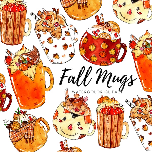 Watercolor clipart - autumn mugs, fall coffee cup, mugs, hot chocolate, coffee mug, cafe, autumn vibes, autumn cups, commercial use PNG