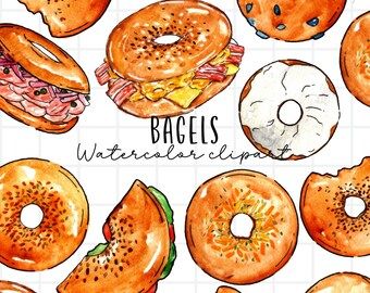 Watercolor clipart, bagels, cheese begal, cream cheese, bread,food graphics lunch illustration digital download