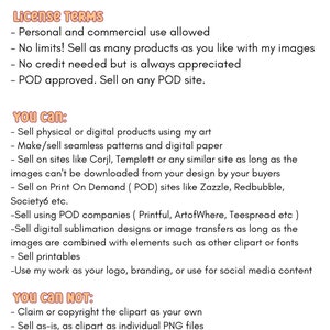 May include: A text-based license agreement for digital and physical products. The license allows for commercial and personal use of the artwork. The text outlines what is permitted and prohibited under the license.