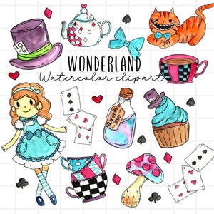 Imágenes prediseñadas de Alicia en el país de las maravillas, fiesta de té de acuarela, naipes, hongo, sombrerero loco, sublimación PNG para uso comercial