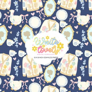 May include: Seamless digital paper with a navy blue background featuring a repeating pattern of cream-colored cardigans, cameo portraits, teacups, plates, geese, and bows. The text "Write Lovely" is in the center, with the text "12 x 12 inch seamless paper" below.