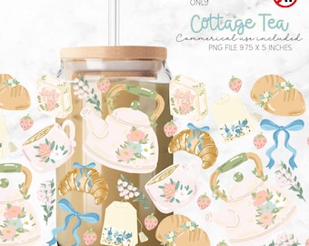 Spring Cottage Core Tea, Girly Glass Cup Wrap, Afternoon Tea PNG (Digital Download 16oz Cup File)