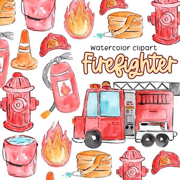 Watercolor fire truck , fire fighter clipart, Fireman graphics in png format, digital download commercial use