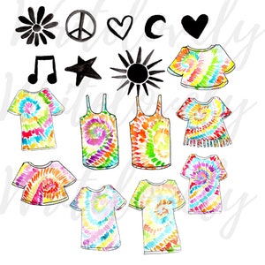 May include: A set of 12 digital clipart images featuring tie-dye designs, peace signs, stars, hearts, music notes, and a sun. The tie-dye designs include t-shirts, tank tops, and a short-sleeved shirt.