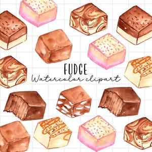 May include: Watercolor clipart featuring various fudge squares in shades of brown, pink, and white. Some squares have toppings or layers, and the word "Fudge" is written in black script, along with "Watercolor clipart". The background is a white grid.