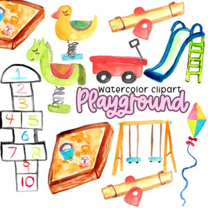 Watercolor clipart - Playground, Park,Play yard, Kids playground, swings, slides, hopscotch, day care, commercial use sublimation PNG