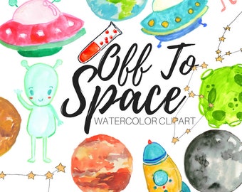 Large watercolor space clipart bundle, aliens, stars, space ship, plaent graphics in png format commercial use digital download