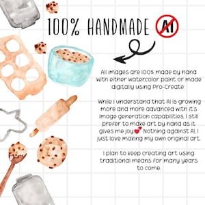 May include: Watercolor illustration featuring baking tools and cookies. Text reads "100% HANDMADE" and emphasizes the artist's preference for traditional art methods over AI. Includes a rolling pin, cookie cutter, and a bowl of chocolate chip cookies.