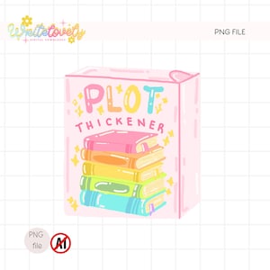 Op de afbeelding: Illustratie van een roze doos met de tekst "PLOT THICKENER" en een stapel kleurrijke boeken. De boeken zijn roze, oranje, geel, groen en blauw. Het ontwerp heeft een schattige, cartoonachtige stijl met steraccenten.