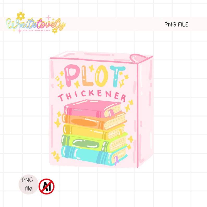 Op de afbeelding: Illustratie van een roze doos met de tekst "PLOT THICKENER" en een stapel kleurrijke boeken. De boeken zijn roze, oranje, geel, groen en blauw. Het ontwerp heeft een schattige, cartoonachtige stijl met steraccenten.
