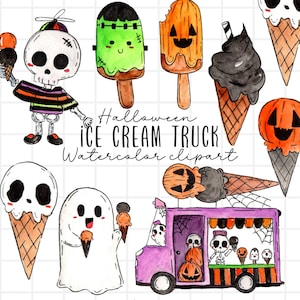 Halloween watercolor clipart, spooky ice cream,ice cream truck, creepy dessert, cute spooky food commercial use commercial use