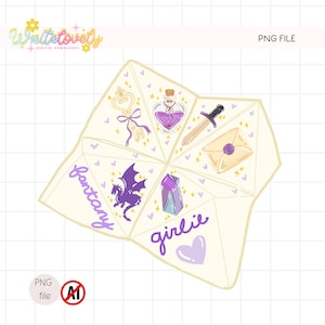 Puede incluir: Una descarga digital de un comecocos de temática fantástica. El diseño presenta una llave, una botella de poción, una espada, un sobre, un dragón, un cristal y las palabras "fantasy" y "girlie". La combinación de colores es crema, morado y dorado.