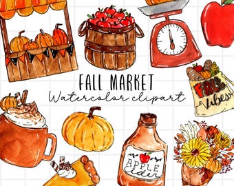 Watercolor clipart, fall market, farmers market, autumn, flea market, pumpkin stall, pumpkin stand,market stall, farming, commercial use