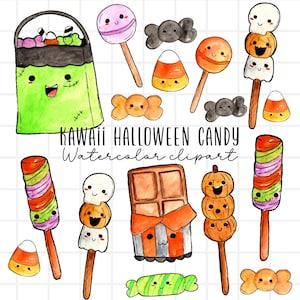 Watercolor clipart, Kawaii Halloween candy, chocolate bar, candy corn, lolipops, trick or treat, candy bag, commercial use sublimation PNG