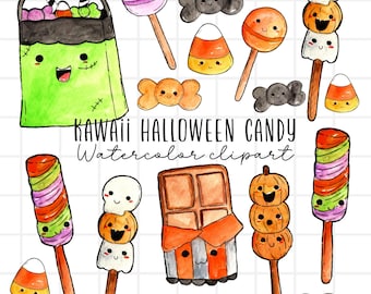 Watercolor clipart, Kawaii Halloween candy, chocolate bar, candy corn, lolipops, trick or treat, candy bag, commercial use sublimation PNG