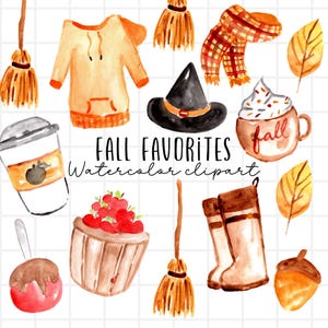 Watercolor halloween fall clipart, autumn elements,  pumpkins, coffee witch hat graphics in png format, digital download commercial use