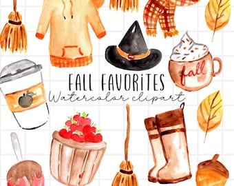 Watercolor halloween fall clipart, autumn elements,  pumpkins, coffee witch hat graphics in png format, digital download commercial use