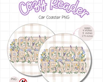 Car Coaster PNG Cozy Reader Bookish Design, Printable Coaster (Digital Download)