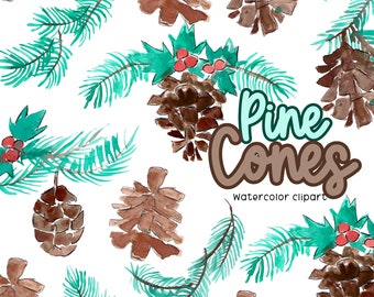 Watercolor christmas clipart, pine cone, holly, holiday wreath, winter graphics, commercial use